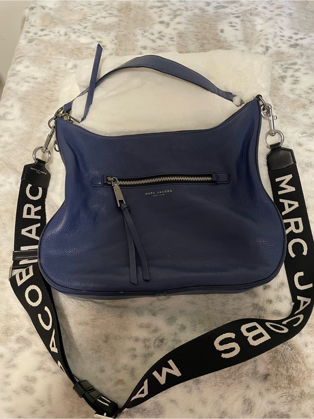Marc Jacobs Deep Blue Leather Shoulder Bag with Logo Strap